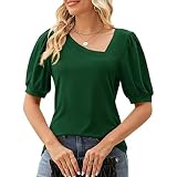 GRONGU Damen-Sommer-Puff-Kurzarm-T-Shirts asymmetrisch schräg V-Ausschnitt einfarbig schmal geschnitten Tunika-Oberteile Blusen mit Puffärmeln für F