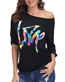 ELFIN Damen T-Shirt 80er Jahre Party-Shirts Sexy Lippen Drucken One-Shoulder-Shirt Kurzarm Sommer Oberteil Casual Bluse Tops, Schwarz-Love, L