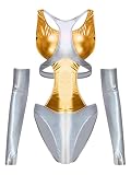 TSSOE Damen Metallic Body Alien Kostüm Ärmellos Glänzend Cut Out Ballett Trikot Mit Handschuhe Fasching Karneval Party Clubwear Gold L