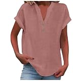 Shirt mit Gummizug am saum Damen, Musselin Bluse Damen Oversized Kurzarm V-Ausschnitt Tshirt mit Knöpfen Leinenbluse Sommer Oberteile Hemdbluse Baumwolle Leinen Shirt Große Größen Leichte Lose B