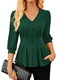 Damen Tops Herbst Elegante Bluse V-Ausschnitt 3/4 Ärmel Schößchen Business Shirts Dunkelgrün M