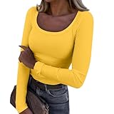 Damen Langarmshirt U-Ausschnitt Figurbetontes Rippen Tops Herbst Feinstrick Langarm Shirt Stretch Ribbed Sweatshirt Slim Fit Gerippt Strickpullover Casual Modisch Oberteile(Yellow,L)