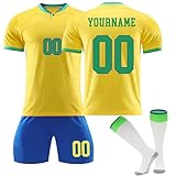 Generisch Brasilien Fußball Trikot Personalisiert für Kinder Erwachsener, Fussball Trikot Shorts Socken Sets Herren Jungen Trainingsanzug mit Eigenem Namen N