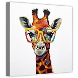 LZIMU Lustiges Giraffen bild auf Leinwand bunte Giraffe mit Brille Leinwandbild niedliche Tierbilder für Kinderzimmer Wanddekoration Gerahmt (3, 50.00x50.00cms)