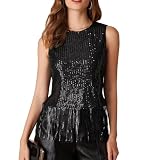 GRACE KARIN Damen Ärmellose Glitzer Oberteil mit Fransen Festliche Pailletten Party Outfit Schwarz M