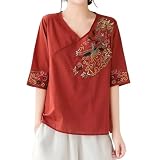 Sommerliches, Besticktes T-Shirt aus Leinen mit V-Ausschnitt und kurzen Ärmeln für Damen, lässiges, schmal geschnittenes Oberteil, vielseitige, stylische Bluse Wander Shirt Damen (Red, XXL)