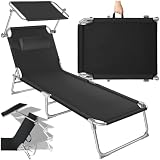 tectake® Sonnenliege mit Dach, Strandliege klappbar, leichte Gartenliege, Outdoor Liegestuhl mit Verstellbarer Rückenlehne, inkl. Kopfkissen - ideal für Balkon, Terrasse, Camping, Strand - schw
