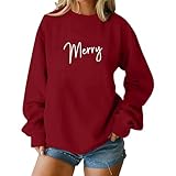 Weihnachten Langarmshirt Damen mit Schriftzug Merry Lustig Rundhals Weihnachtspullover Dünn Langarm Weihnachtspulli Leichte Christmas Sw
