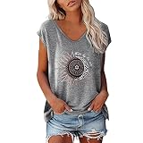 Sommertop Damen Ausgefallene Tshirt Elegant Sonne Und Mond Druck Mit V-Ausschnitte Flügelärmel Lockere Frühling