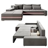 Juskys Sofa Davos Links mit Schlaffunktion - Ecksofa für Wohnzimmer mit Bettkasten & LED - Stoff Schlafsofa L Form Couch Beleuchtung - Hellg