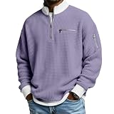 Herren-T-Shirt, Waffelmuster, langärmelig, halber Reißverschluss, einfarbig, traditionell, Vintage, lässig, Farbblock, Reißverschlusstasche, Outdoor, Waffelmuster, Violett, XXL