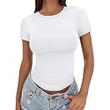 Lazzboy T-Shirts Für Damen Women's Crop T Shirt Girls Summer Pullover Top Women's Thin Round Neck Fashion Short Sleeves 2026 (White, XS)