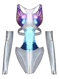 Runhomal Damen Metallic Bodysuit Space Girl Kostüm Glänzend Ballett Trikot Turnanzug mit Cut Out Karneval Party Festival Clubwear Blau 3XL