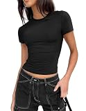 Zeagoo Damen T-Shirt Rundhals Kurzarm Tee Shirt Casual Sommer Basic Oberteile Einfarbig Eng Y2K Crop Tops Schwarz M
