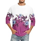 Rosennie Herren T-Shirt Trachtenhemd Herren Holzfällerhemd Shirt 3/4 Arm Herren Rundhals 3D Druck Dreiviertelarm Shirt Regular Fit Baseball Shirt Für Männer Longshirt (Purple Pink, 3XL)