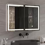 DICTAC spiegelschrank Bad mit Beleuchtung und Steckdose 80x13.5x60cm Metall Badezimmer Spiegelschrank mit LED Beleuchtung Doppeltür Hängeschrank Badschrank mit Spiegel und Einstellbar Ablage,Weiß