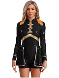Sxiwei Damen Zirkus Kostüm mit Pailletten Zirkusdirektor Langarm Bodysuit Stehkragen Tanzkostüm Karneval Fasching Schwarz M