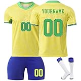 Generisch Brasilien Fußball Trikot Personalisiert für Kinder/Erwachsener, Fussball Trikot Shorts Socken Sets Jungen Herren Trainingsanzug mit Eigenem Namen N