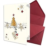 NEUSER PAPIER 25x kleines Weihnachtskarten-Set DIN A7 in Weiß mit Weihnachtsbaum und Sternen - Faltkarten mit Umschlägen DIN C7 Dunkelrot (Rot) mit Nassklebung - Weihnachtsgrüße für F