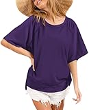 Poetsky Übergroße T-Shirts für Damen, Rundhalsausschnitt, kurzärmelig, Sommer-Top, locker, lässig, hohe niedrige Blusen, Violett, XX-Larg