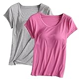 Keepink 1/2-teiliges Damen-Oberteil mit integrierten BHs, 2-in-1-Modal, Basic-Kurzarm-Shirts und Blusen, locker, lässiger Pullover, T-Shirt, Sommer, Übergröße, bequem, Stretch, Yoga, Fitnessstudio, 11