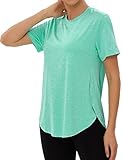 Wayleb Sportshirt Damen Kurzarm, Rundhals Sport T-Shirt Leicht Atmungsaktiv Funktionsshirt Laufshirt Locker Fitness-T-Shirt Sportoberteile mit Seitenschlitzen, Grün XXL
