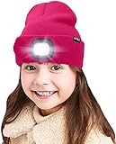 ATNKE Kids LED beleuchtete Mütze mit Licht, USB Wiederaufladbare 4 LED Scheinwerfer wasserdichte Winterwärmer Strick Nachthüte mit leichten Jungen Mädchen/Rose R