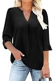 Siddhe Damen Bluse V Ausschnitt 3/4 Volant Ärmel Casual Longbluse Elegante Lose Longshirt Einfarbige Oberteile Basic Shirts für Büro Arbeit Herbst Winter, Schwarz L