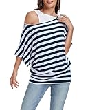 Muwodkdn Damen Gestreiftes T-Shirt Sommer Kurzarm Oberteile 2 in 1 Strandshirt (Blau, L)