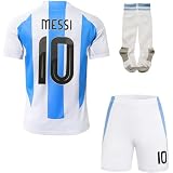 Hawkara #10 Leo. 2024 Kinder Trikot mit Kurz Fußball Trikot Set Jugendgrößen (Blau/Weiß,26)