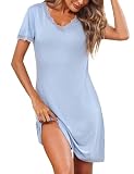 Demegimi Damen Nachthemd Kurzarm Schlafshirt Baumwolle Kurz Spitze Sleepshirt V-Ausschnitt Stillnachthemd S-3XL
