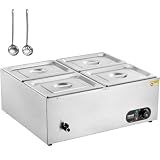 VEVOR kommerzieller Speisenwärmer 4 x 8 Qt Behälter elektrischer Dampftisch, 1500 W professionelles Buffet-Wasserbad aus Edelstahl für die Arbeitsplatte mit Temperaturregelung von 30 bis 80 °C Silb