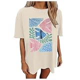 Pailletten Oberteil Damen Oversized T-Shirt Blumen Grafik T-Shirt Musik Kurzarm Shirts Sommer Lässige Lockere Strand Tops Puffärmel Bluse (Beige, XL)