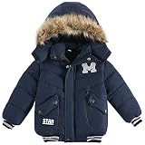 LSHDCER Winterjacke für Kinder, Jungen, Mäntel, mit Kapuze, warm, gepolstert, mit Fleece gefüttert, winddicht, Parka, Mantel, Outwear, navy, 3-4 Y