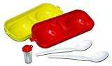 Eierbehälter Eierträger Eierbox 2-fach mit Salzstreuer und Löffel rot/gelb Perfekter Picknick Begleiter DDR Ostalg