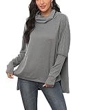 Damen Herbst Oberteil mit Wasserfallkragen Langarm Sweatshirt Pullover Einfarbig Langarmshirt Casual Tunika Pulli Irregulär Bluse Tops Lose Freizeit T-Shirt Grau M