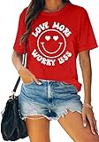 MAIHUN Valentinstag Shirt Love More Worry Less Shirts Frauen Happy Smile Face T-Shirt Kurzarm Casual Tee Tops, Rot/Ausflug, einfarbig (Getaway Solids), XX-Larg
