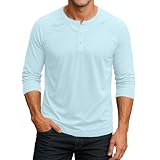 Henley Shirt Herren 3/4 Arm Pullover Muskelshirt Herren Baumwolle Komfortable Hemd Basic Tshirts mit Knopfleiste Freizeithemden V Neck Winter Langarmshirt Sweatshirt Unterhemden Top(#A Light Blue,L)