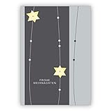 1x Edle Weihnachtskarte mit Sternen Lametta auf grau: Frohe Weihnachten • als festliche Grußkarte zu Weihnachten, zum Jahreswechsel für Familie und F