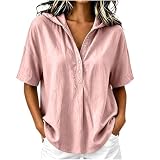 Generisch Damen Kurzarm Hoodie Leinenoptik Bluse Sommer V-Ausschnitt mit Druckknöpfen Leichte Kapuzenpullover Casual Tunika Lockere Passform Oberteil Freizeitkleidung für Alltag