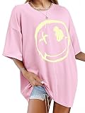WIEIYM T-Shirt Damen Oversized Casual Tshirts Bedrucken Rundhals Kurzarm Oberteile Basic Lose Sweatshirt Tops,Rosa,2XL
