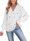 CUPSHE Damen Blusen V-Ausschnitt Liebesherz Stickerei Langarm Volants Rüschen Oberteile Elegant Hemd Top Shirts Weiß L