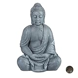 Relaxdays Buddha Figur sitzend, XL 70 cm, Gartenfigur, Dekofigur Wohnzimmer, wetterfest & frostsicher, hellg
