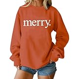 Weihnachtspullover Damen Lustig Weihnachtspulli mit Schriftzug Merry Dünn Weihnachten Langarmshirt Rundhals Christmas Sweatshirt Leicht Langarm W