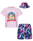 MOHEZ Jungen 2 tlg Outfits Bedrucktes Kurzarm T-Shirts + Shorts Set Kind Sommer Bekleidungssets mit Eimerhut Rosa Top 5-6 J