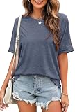VEUNCOS Tshirt Damen Sommer Baumwolle Oversized T Shirt Lässig Halbarm Oberteile Dunkelblau M