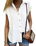ORANDESIGNE Damen Bluse Sommer Shirt Kurzarm Hemd Tops Oberteile Frauen Hemdbluse Elegant T-Shirt Lässige Mode Button V-Ausschnitt Einfarbig Blusen Weiß DE 44