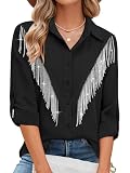 MYMORE Damen-Hemd mit Strass-Fransen, Knopfleiste, gerollt, 3/4-Ärmel, glitzerndes Oberteil, Konzert, Nashville, Western-Cowgirl-Outfit, A_Black, M