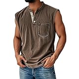Tank Tops Herren Muskelshirt Knopfleiste V Ausschnitt Sport Tshirts Sommer Ärmellos Unterhemden Atmungsaktiv Muscle Shirts Gym Funktionsshirt Achselshirts Casual Strand Top mit Tasche(#D Brown,M)