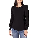 Amazon Essentials Damen Langarm-T-Shirt mit Rundhalsausschnitt und gesmokten Bündchen, Schwarz, XL
